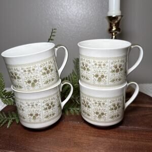 Vintage Royal Doulton Samarra Cups Set 4 Bone China England Floral Green Tan